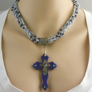 Faceted Glass and Blue Cross Necklace Set